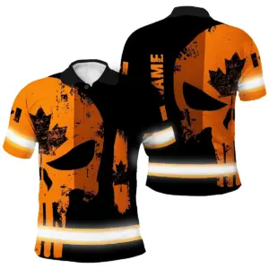 Hi Vis Polo Shirt Reflective Tapes Orange Neon Skull Canada Flag Custom Name Safety Workwear For Worker, Operator, Patriotic