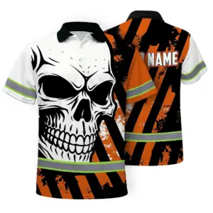 Hi Vis Polo Shirt Reflective Tapes Orange Neon Skull Custom Name Safety Workwear For Bikers, Workers, Truckers, Operators