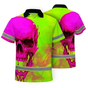 Hi Vis Polo Shirt Reflective Tapes Pink And Lime Neon Skull Custom Name Safety Workwear For Workers, Truckers, Operators