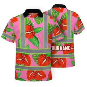 Hi Vis Polo Shirt Reflective Tapes Pink Neon Red Anthurium Custom Name Safety Workwear For Workers, Truckers, Operators
