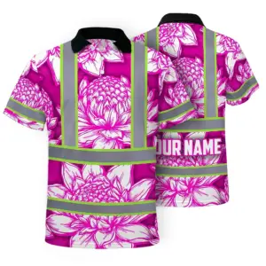 Hi Vis Polo Shirt Reflective Tapes Pink Neon White Protea Custom Name Safety Workwear For Workers, Truckers, Operators
