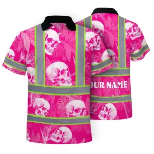 Hi Vis Polo Shirt Reflective Tapes Pink Neon White Skull Custom Name Safety Workwear For Workers, Truckers, Operators