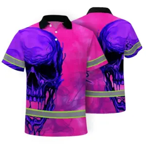 Hi Vis Polo Shirt Reflective Tapes Pink Violet Skull Custom Name Safety Workwear For Workers, Truckers, Operators
