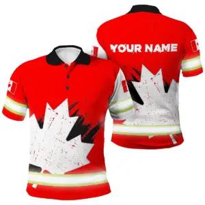 Hi Vis Polo Shirt Reflective Tapes Red And White Canada Flag Custom Name Safety Workwear For Worker, Operator, Patriotic