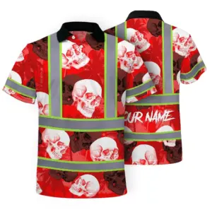 Hi Vis Polo Shirt Reflective Tapes Red Neon White Skull Custom Name Safety Workwear For Workers, Truckers, Operators