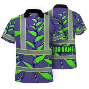 Hi Vis Polo Shirt Reflective Tapes Violet Neon Green Heliconia Custom Name Safety Workwear For Workers, Truckers, Operators