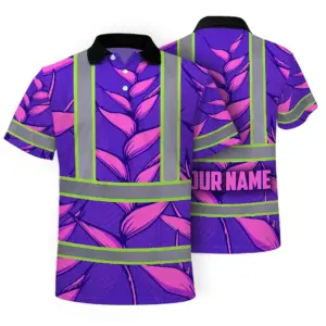 Hi Vis Polo Shirt Reflective Tapes Violet Neon Pink Heliconia Custom Name Safety Workwear For Workers, Truckers, Operators