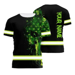 Hi Vis Shirt Reflective American Flag Skull Custom Name Safety Workwear For Workers, Truckers, Operators
