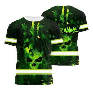 Hi Vis Shirt Reflective Green Skull American Flag Safety Workwear For Workers, Truckers, Operators