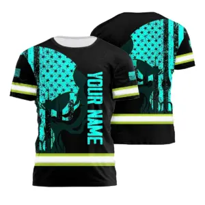 Hi Vis Shirt Reflective Mint Neon Skull US Flag Custom Name Safety Workwear For Workers, Truckers, Operators