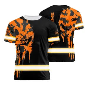 Hi Vis Shirt Reflective Orange Black Camo Neon Skull US Flag Custom Name Safety Workwear For Workers, Truckers, Operators