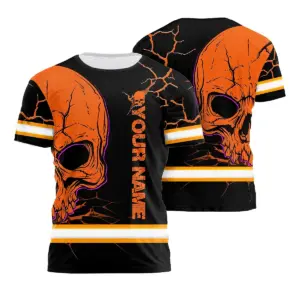 Hi Vis Shirt Reflective Orange Neon Skull Crack Custom Name Safety Workwear For Workers, Truckers, Operators