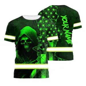 Hi Vis Shirt Reflective Skull America Flag Custom Name Safety Workwear For Workers, Truckers, Operators