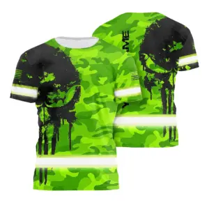 Hi Vis Shirt Reflective Skull Camo Green Neon Custom Name Safety Workwear For Workers, Truckers, Operators