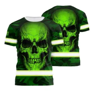 Hi Vis Shirt Reflective Skull Camo Green Neon US Flag Custom Name Safety Workwear For Workers, Truckers, Operators