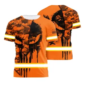 Hi Vis Shirt Reflective Skull Camo Orange Neon USA Flag Custom Name Safety Workwear For Workers, Truckers, Operators