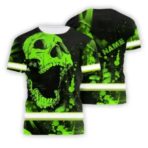 Hi Vis Shirt Reflective Skull Green Safety Workwear For Workers, Truckers, Operators