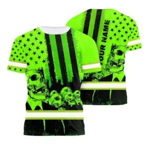 Hi Vis Shirt Reflective Skull US Flag Custom Name Safety Workwear For Workers, Truckers, Operators