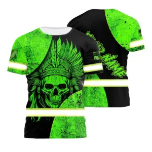 Hi Vis Shirt Reflective Tapes American Skull US Flag Custom Name Safety Workwear For Workers, Truckers, Operators