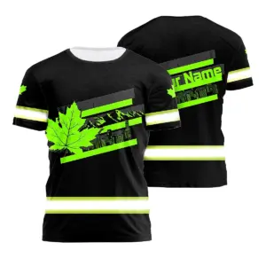 Hi Vis Shirt Reflective Tapes Black Green Neon Canada Flag Shirt Custom Name Safety Workwear For Worker, Operator, Patriotic