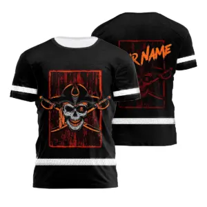 Hi Vis Shirt Reflective Tapes Black Orange Skull Sword Shirt Custom Name Safety Workwear For Workers, Truckers, Operators