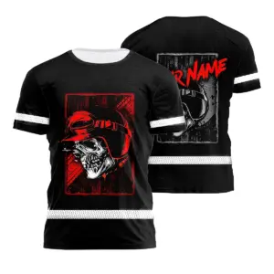 Hi Vis Shirt Reflective Tapes Black Red Skull Biker Shirt Custom Name Safety Workwear For Workers, Truckers, Operators