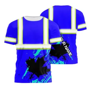 Hi Vis Shirt Reflective Tapes Blue Neon Canada Flag Custom Name Safety Workwear For Worker, Operator, Patriotic