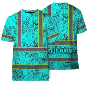 Hi Vis Shirt Reflective Tapes Blue Neon Flowers Custom Name Safety Workwear For Workers, Truckers, Operators