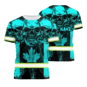 Hi Vis Shirt Reflective Tapes Blue Neon Skull Canada Flag Custom Name Safety Workwear For Worker, Operator, Patriotic