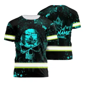 Hi Vis Shirt Reflective Tapes Blue Neon Skull With Canada Flag Custom Name Safety Workwear For Worker, Operator, Patriotic