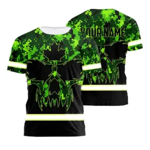 Hi Vis Shirt Reflective Tapes Camo Green Neon Black And Canada Flag Skull Custom Name Safety Workwear For Worker, Operator, Patriotic