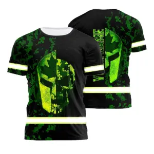 Hi Vis Shirt Reflective Tapes Camo Green Neon Black And Canada Flag Custom Name Safety Workwear For Worker, Operator, Patriotic