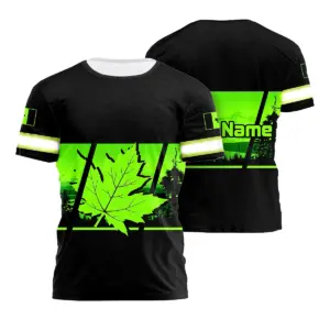 Hi Vis Shirt Reflective Tapes Canada Flag Green Neon Custom Name Safety Workwear For Worker, Operator, Patriotic