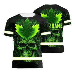 Hi Vis Shirt Reflective Tapes Green Black And Canada Flag Skull Custom Name Safety Workwear For Worker, Operator, Patriotic