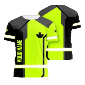Hi Vis Shirt Reflective Tapes Green Black Canada Flag Custom Name Safety Workwear For Worker, Operator, Patriotic