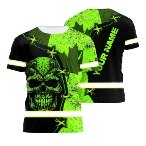 Hi Vis Shirt Reflective Tapes Green Black Skull And Canada Flag Custom Name Safety Workwear For Worker, Operator, Patriotic