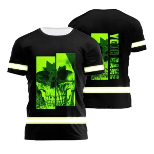 Hi Vis Shirt Reflective Tapes Green Neon Black And Canada Flag Skull Custom Name Safety Workwear For Worker, Operator, Patriotic