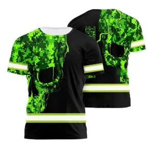 Hi Vis Shirt Reflective Tapes Green Neon Camo Skull 3 Custom Name Safety Workwear For Workers, Truckers, Operators