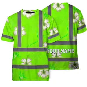Hi Vis Shirt Reflective Tapes Green Neon Custom Name Safety Workwear For Workers, Truckers, Operators