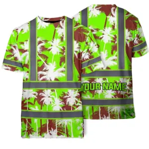 Hi Vis Shirt Reflective Tapes Green Neon Flowers Custom Name Safety Workwear For Workers, Truckers, Operators