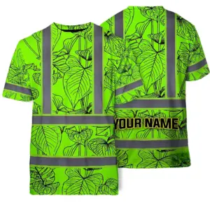 Hi Vis Shirt Reflective Tapes Green Neon Flowers Custom Name Safety Workwear For Workers, Truckers, Operators