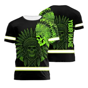 Hi Vis Shirt Reflective Tapes Green Neon Native Skull Custom Name Safety Workwear For Workers, Truckers, Operators