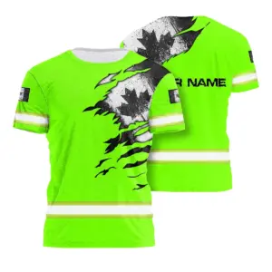 Hi Vis Shirt Reflective Tapes Green Neon Scratch Canada Flag Custom Name Safety Workwear For Worker, Operator, Patriotic