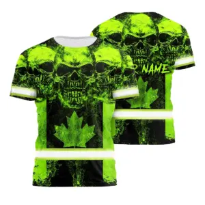Hi Vis Shirt Reflective Tapes Green Neon Skull Canada Flag Custom Name Safety Workwear For Worker, Operator, Patriotic