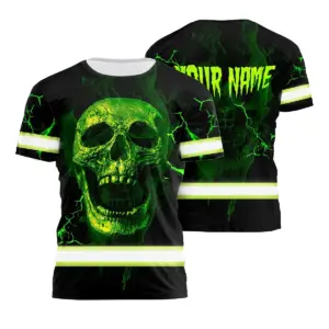 Hi Vis Shirt Reflective Tapes Green Neon Skull Custom Name Safety Workwear For Workers, Truckers, Operators