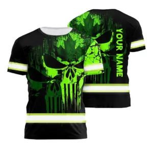 Hi Vis Shirt Reflective Tapes Green Neon Skull Shadow Canada Flag Custom Name Safety Workwear For Worker, Operator, Patriotic