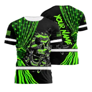 Hi Vis Shirt Reflective Tapes Green Neon Skull Us Flag Patriotic Safety Workwear For Workers, Truckers, Operators