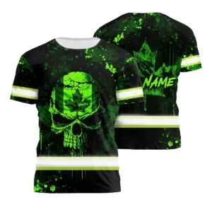 Hi Vis Shirt Reflective Tapes Green Neon Skull With Canada Flag Custom Name Safety Workwear For Worker, Operator, Patriotic