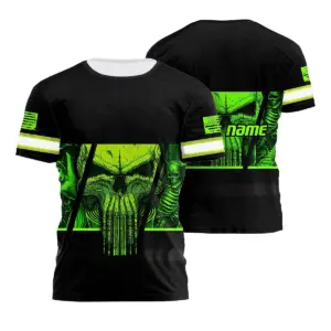 Hi Vis Shirt Reflective Tapes Green Neon Strong Skull Custom Name Safety Workwear For Workers, Truckers, Operators