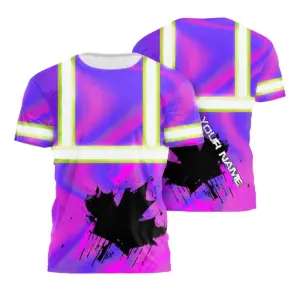 Hi Vis Shirt Reflective Tapes Hologram Canada Flag Custom Name Safety Workwear For Worker, Operator, Patriotic